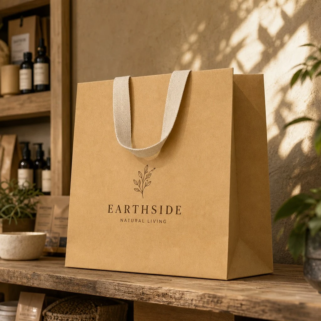 Natural brown kraft shopping bag with textile handles