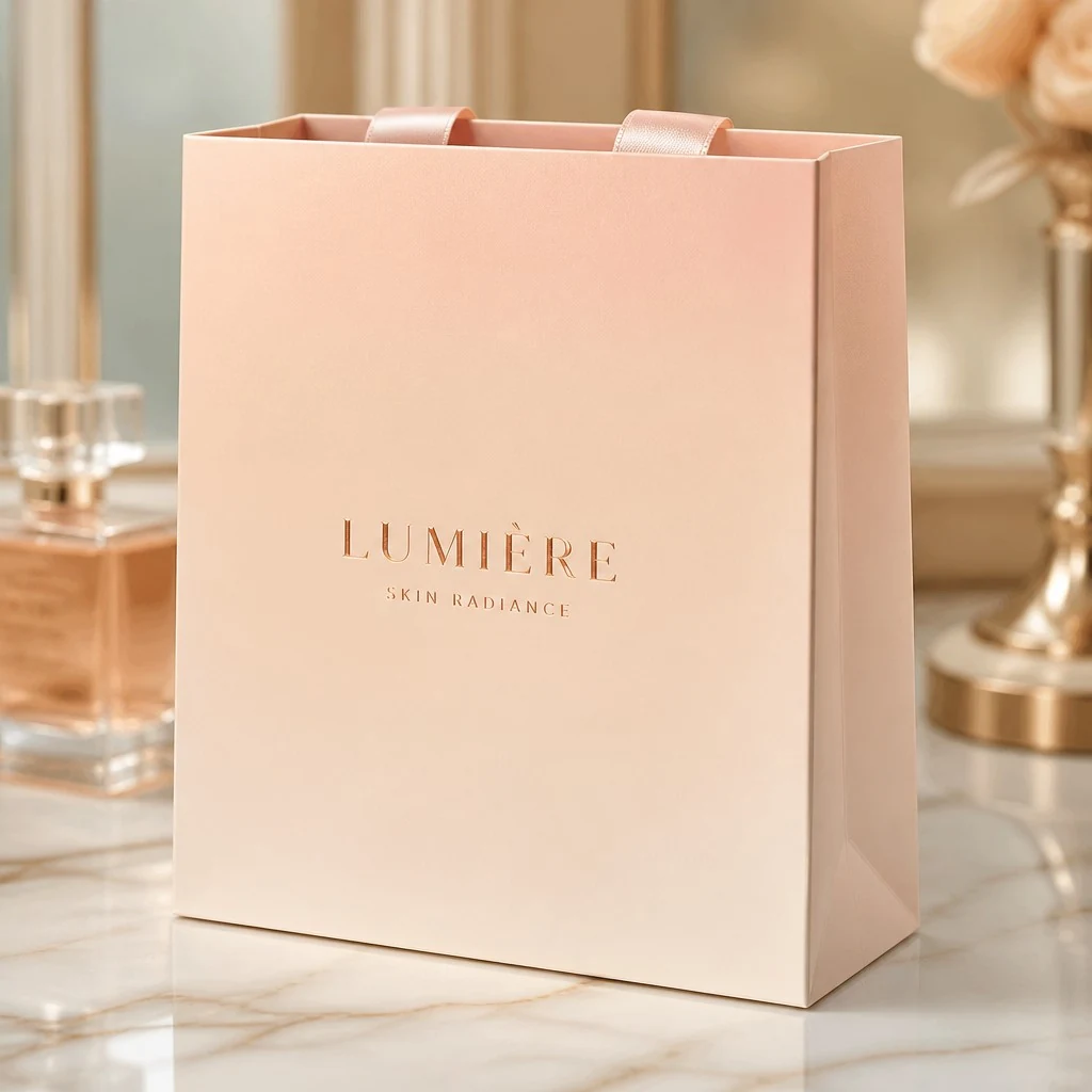 Velvet Soft-Touch Cosmetic Paper Bags with Rose Gold Metallic Foil Stamping