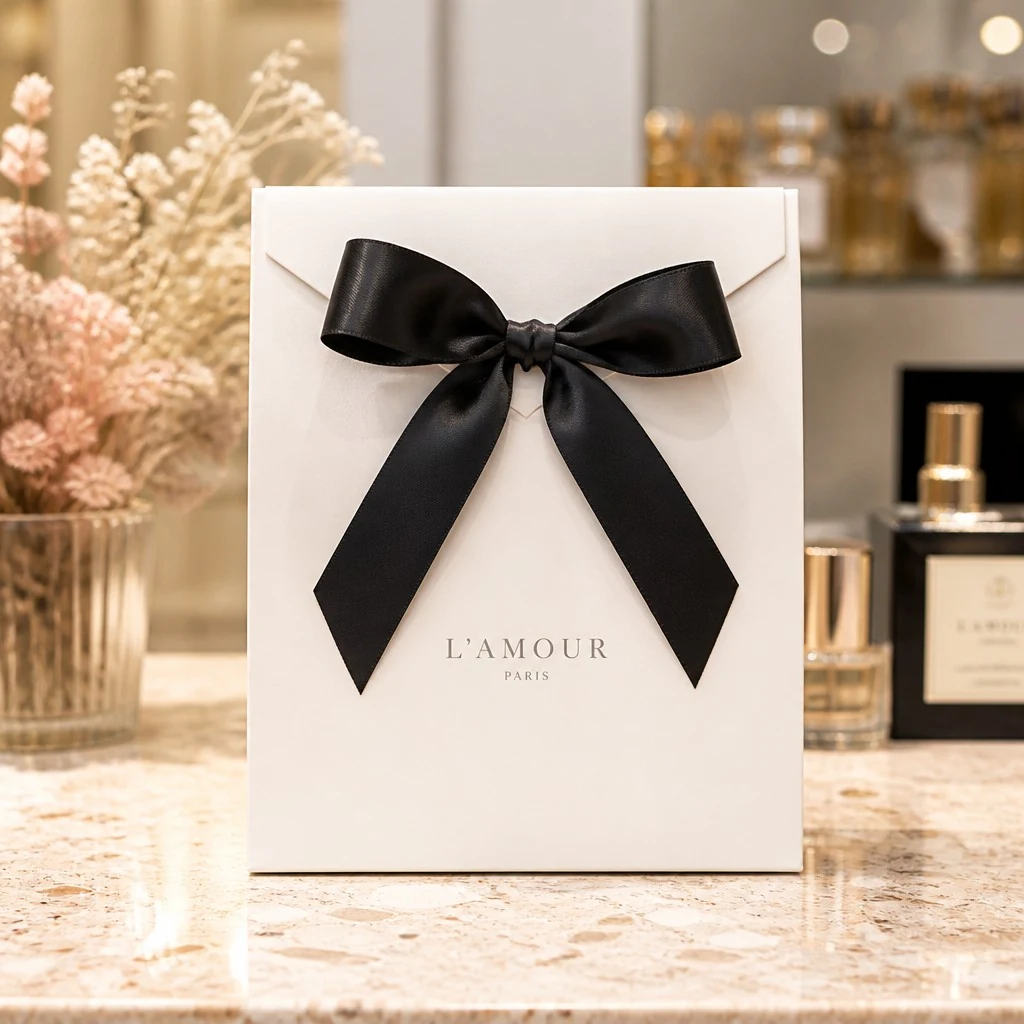 Gift bag with ribbon bow and custom printed design